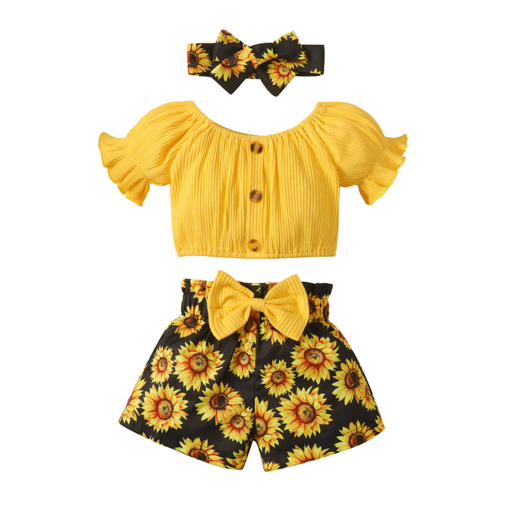 Baby Cute Printed Shorts Suit Short Sleeve T-shirt Pants Headscarf Three-piece Set - Modefluss