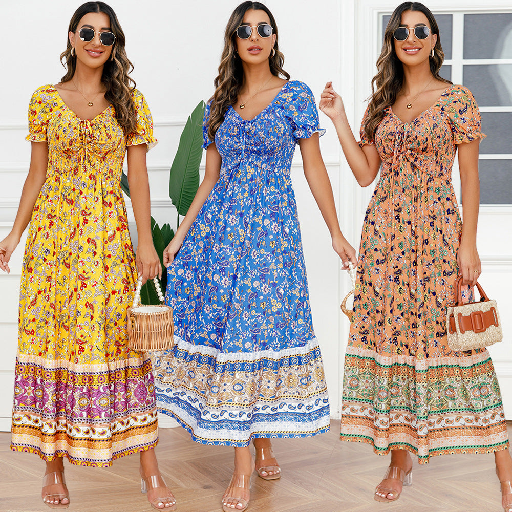 Drawstring Lace V-neck Printed Dress - Modefluss