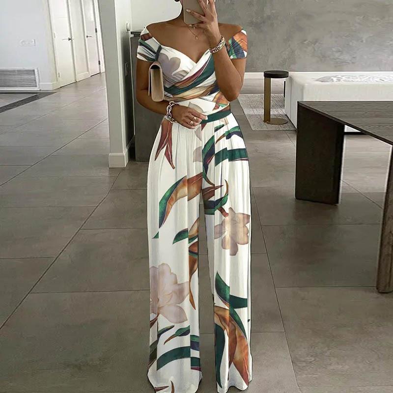 European And American Fashion Off-shoulder Printed Temperament Commute Casual High Waist Jumpsuit Women - Modefluss