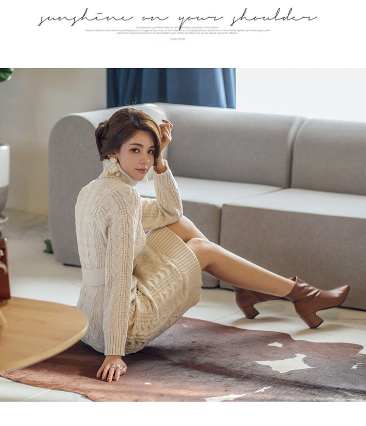 High Collar Twist Lace-up Waist Mid-length Sweater Dress - Modefluss