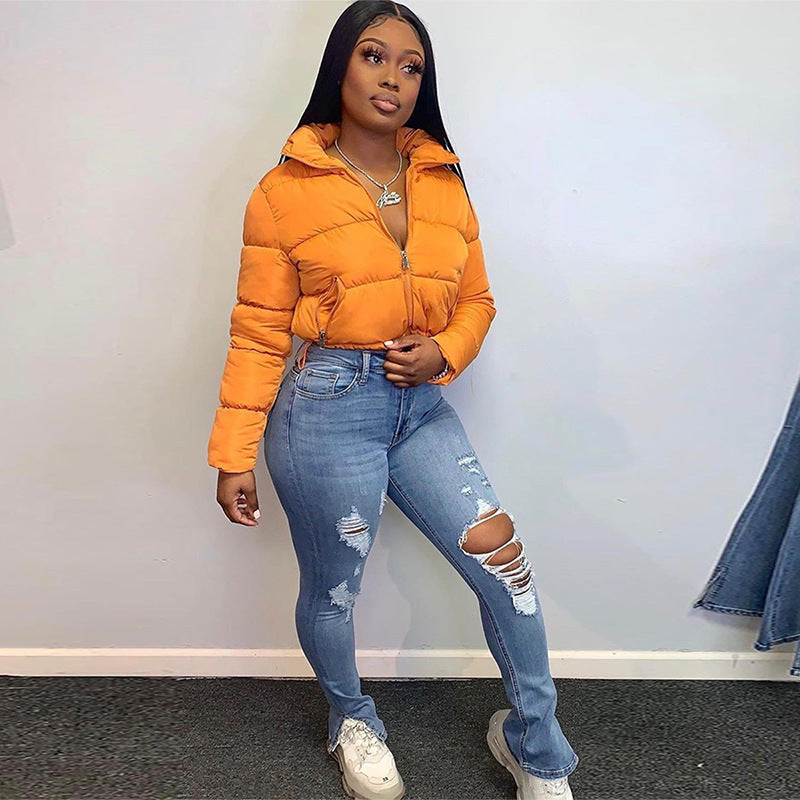 Fashion Short Coat Winter Warm Long-sleeved Stand Collar Zipper Bread Cotton Coat With Drawstring Design Women's Jacket - Modefluss