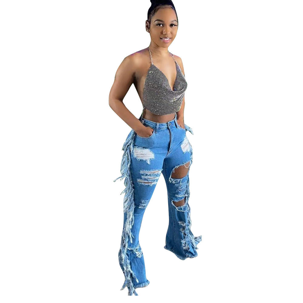 Europäische und amerikanische notleidende gewaschene Quaste Jeans - Modefluss