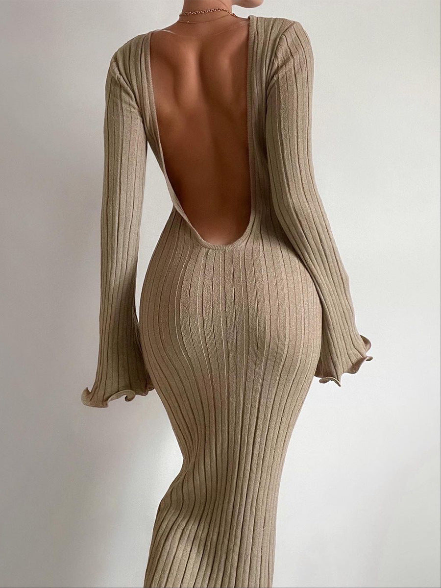 Ruffled Long Sleeve Knitted Maxi Dress - Modefluss