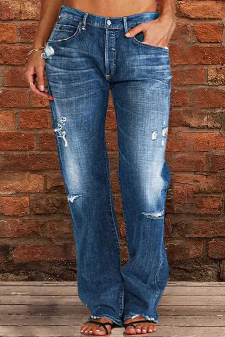 Lose Weite Bein Denim Retro gewaschene zerrissene Hose - Modefluss