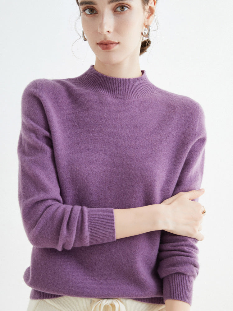 Half High Collar Pure Wool Women's Long Sleeved Knitted Base Sweater - Modefluss