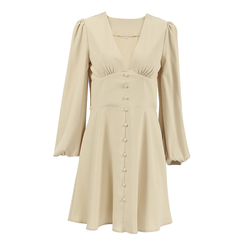 French Chiffon V-neck Long-sleeve Dress Autumn Fashion Khaki Tight Waist A- Line - Modefluss