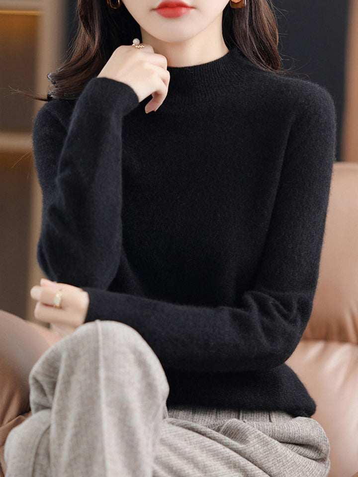 Half High Collar Pure Wool Women's Long Sleeved Knitted Base Sweater - Modefluss