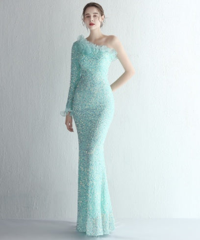 Temperament One-shoulder Long-sleeved Sequined Aura Queen Fishtail - Modefluss