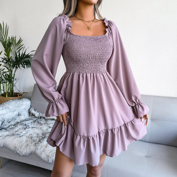Square Neck Flared Long Sleeve Ruffle Swing Dress - Modefluss