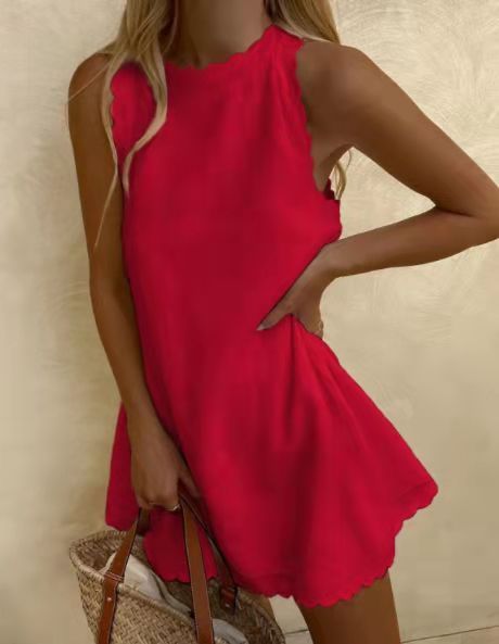 Cotton Hemp Solid Color Embroidered Ruffled Women's Dress - Modefluss