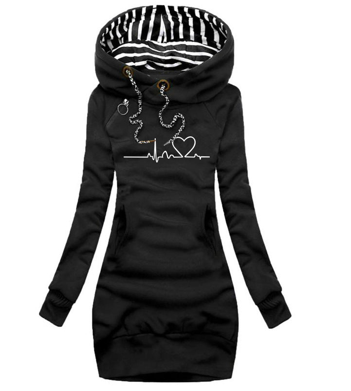 Damen Hoodie Pullover mit Herzmuster – Langer Sweatshirt-Top - Modefluss