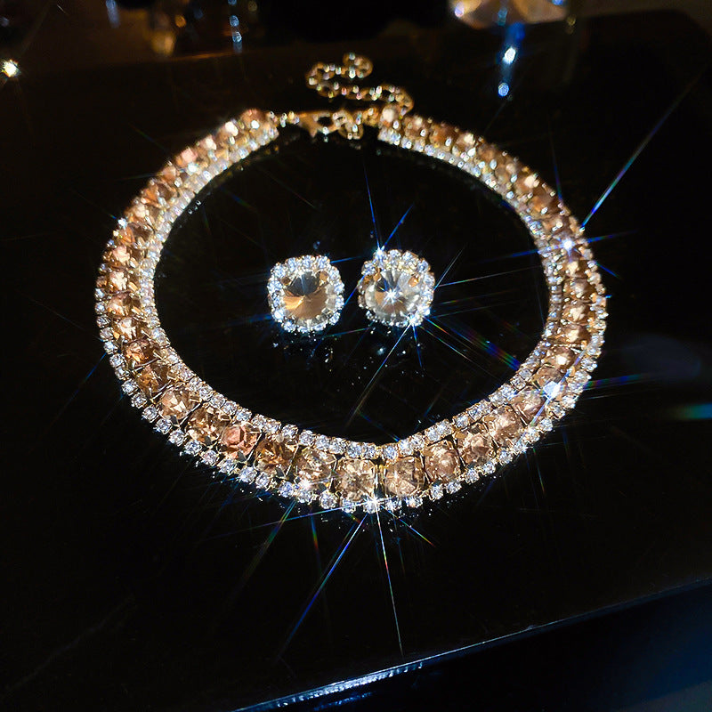 Diamond-embedded Square Earrings Necklace Special Interest Light Luxury Elegant High-grade Clavicle Chain - Modefluss