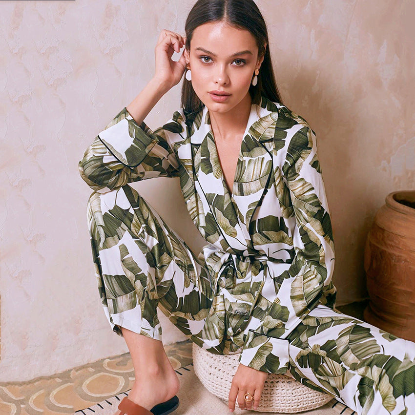 Banana Leaf Print Women's Pajama Set Long Sleeve Simple Homewear - Modefluss