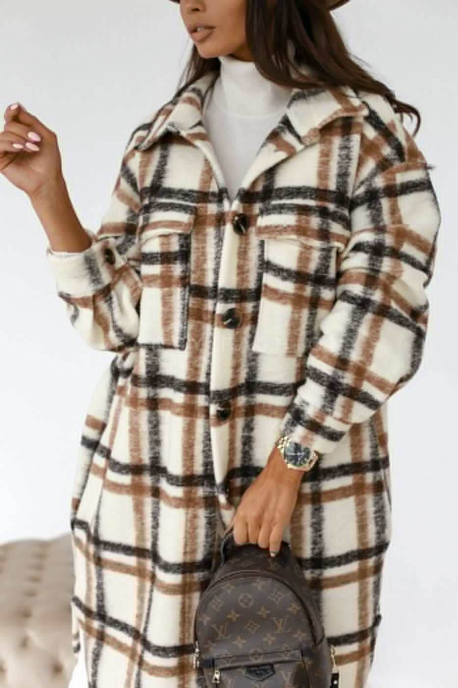 Taste revers casual warme plaid lange woolen mantel - Modefluss