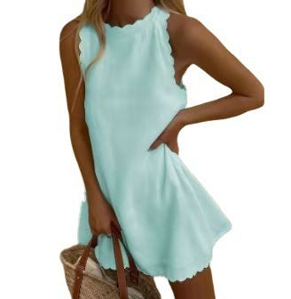 Cotton Hemp Solid Color Embroidered Ruffled Women's Dress - Modefluss