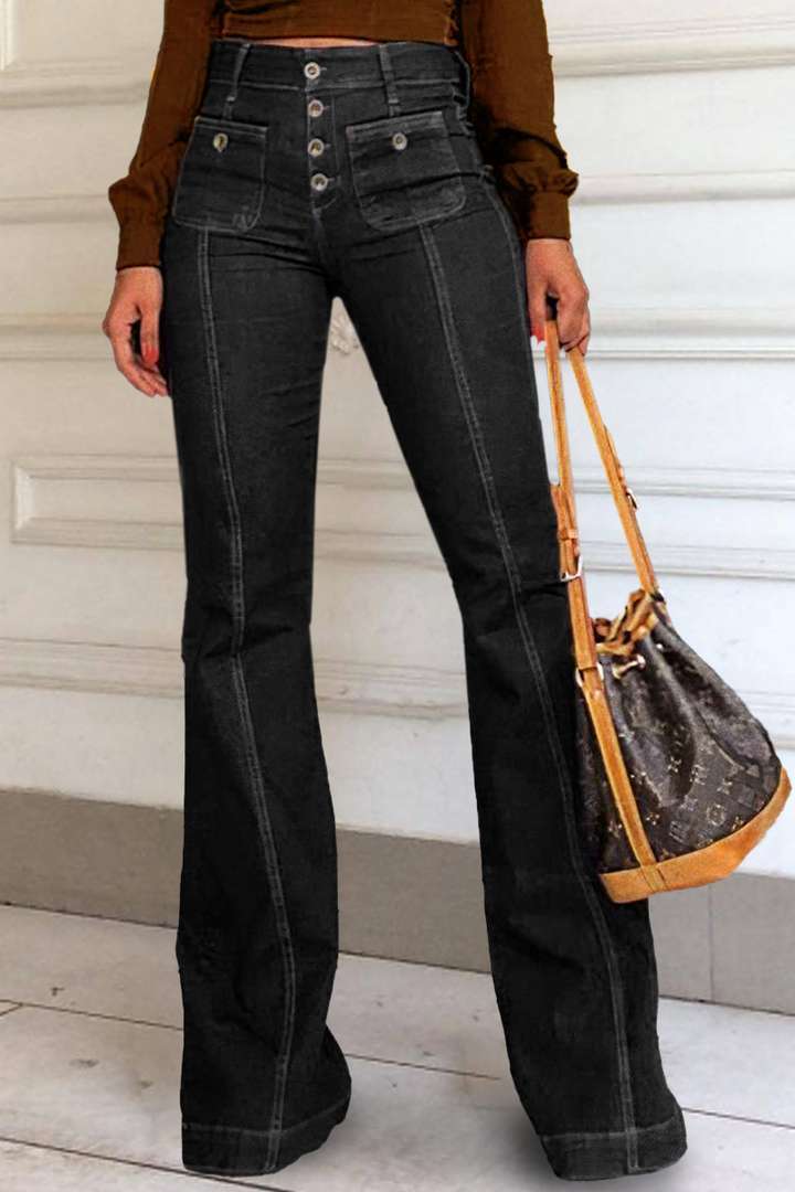 Nähende gewaschene Denim Stretch Slim Fit Bell-Bottom-Hose - Modefluss