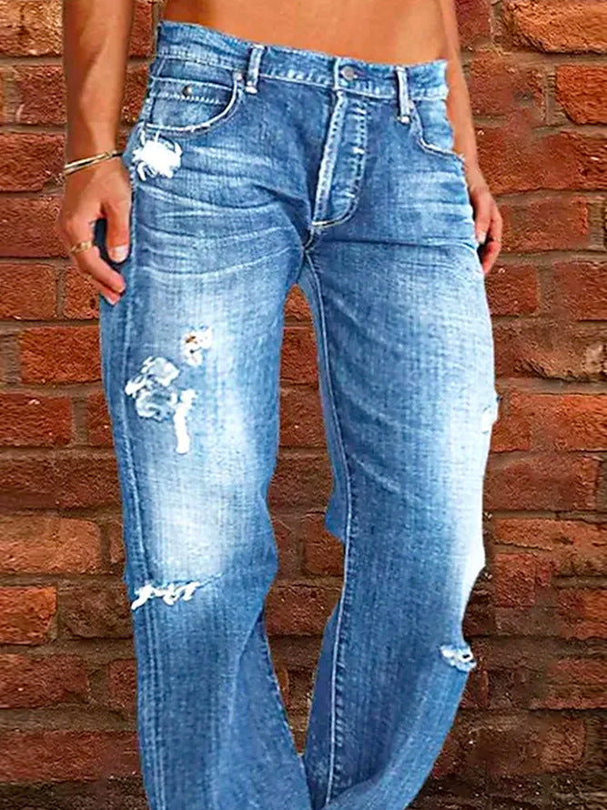 Lose Weite Bein Denim Retro gewaschene zerrissene Hose - Modefluss