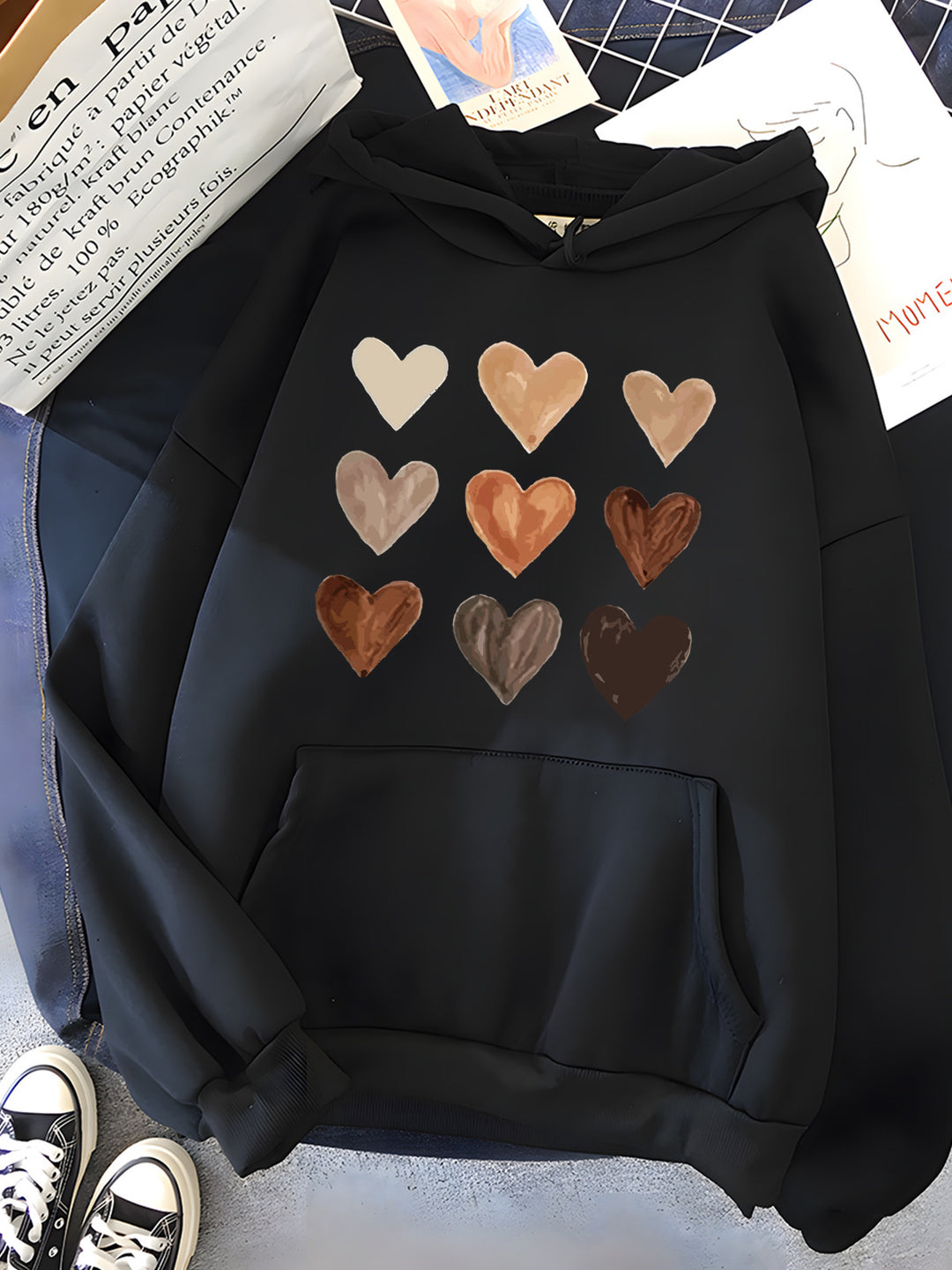 Gradient Heart-shaped Kangaroo Pocket Printed Hoodie - Modefluss