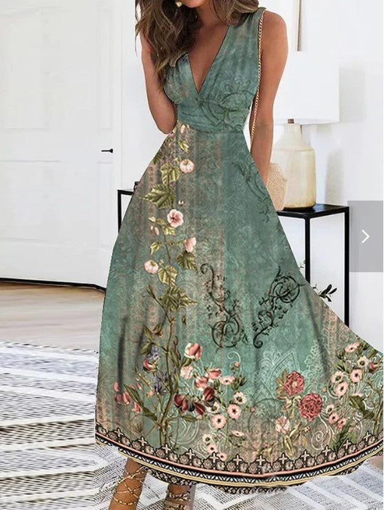 Women's Summer New V-neck High Waist Sleeveless Printed Vest Dress - Modefluss