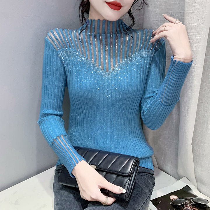 Women's Long Sleeve Hot Diamond Mesh Splicing Knitwear - Modefluss