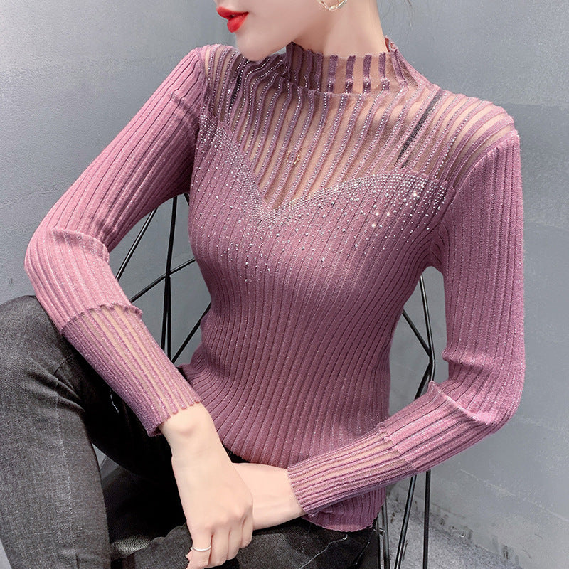 Women's Long Sleeve Hot Diamond Mesh Splicing Knitwear - Modefluss