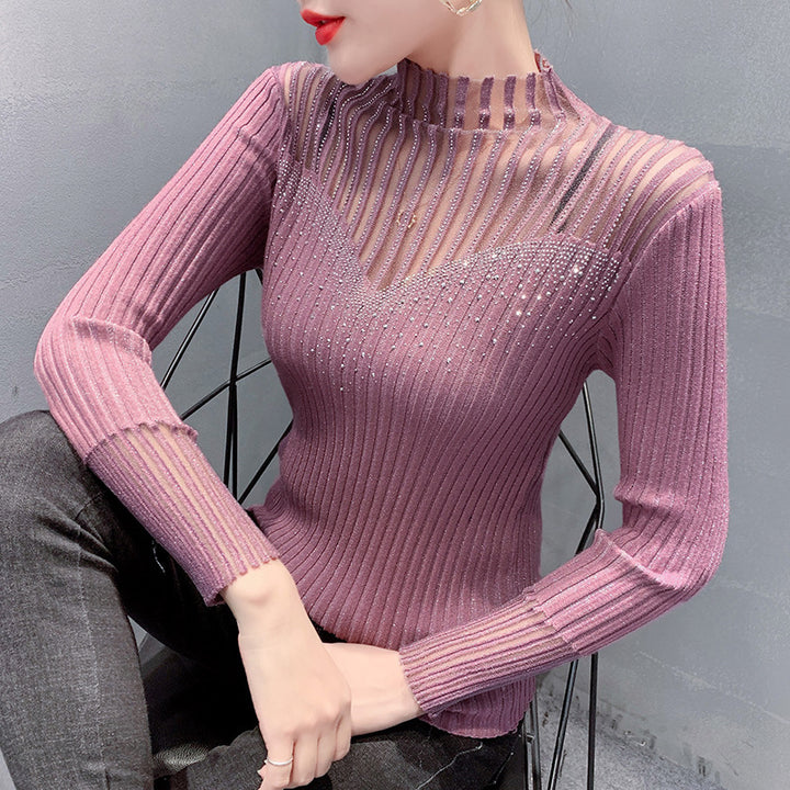 Women's Long Sleeve Hot Diamond Mesh Splicing Knitwear - Modefluss