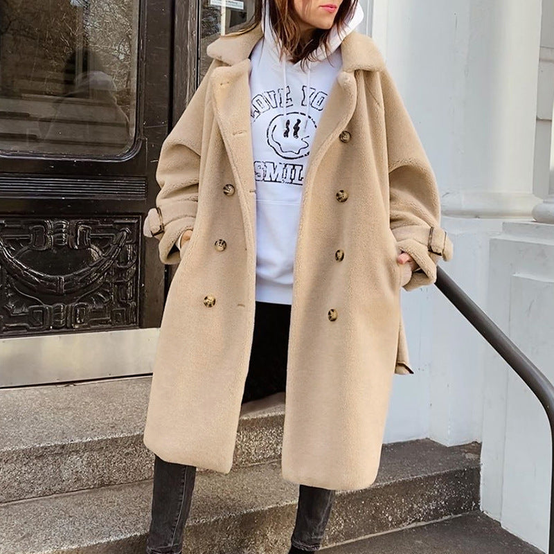 Pure Color Waist Is Thin And Long Leisure Plush Coat Apricot Noble Temperament Coat - Modefluss