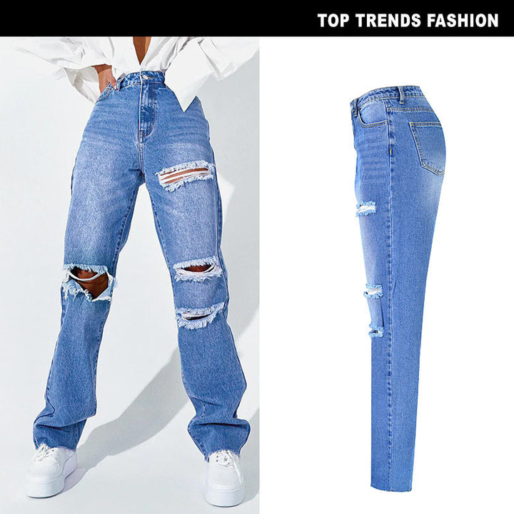 Frauen hohe Taille gerade zerrissene Jeans - Modefluss