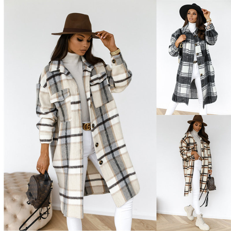 Taste revers casual warme plaid lange woolen mantel - Modefluss