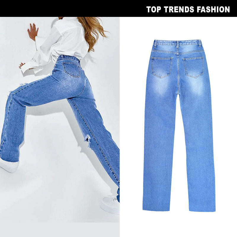 Frauen hohe Taille gerade zerrissene Jeans - Modefluss
