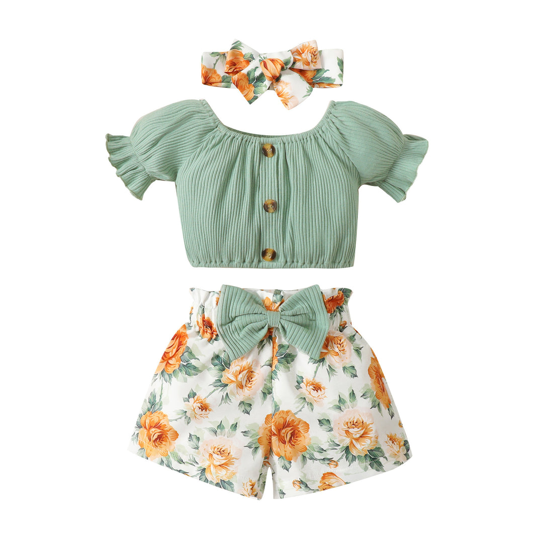 Baby Cute Printed Shorts Suit Short Sleeve T-shirt Pants Headscarf Three-piece Set - Modefluss
