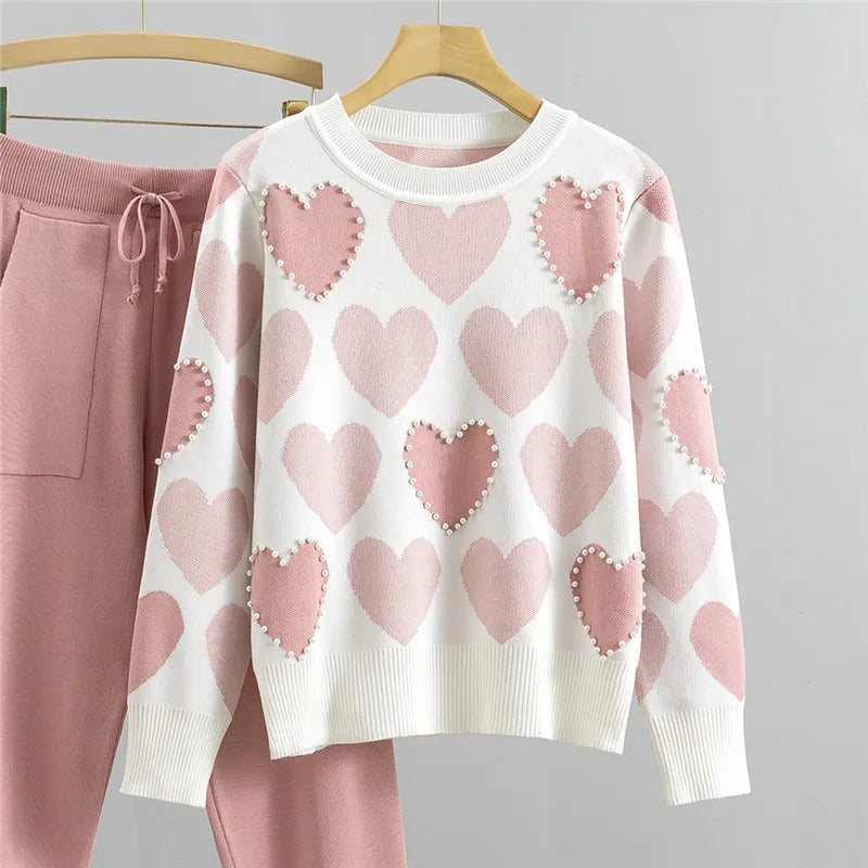 Nina™ - Bequemes Pyjama-Set aus Strick mit Herz-Print