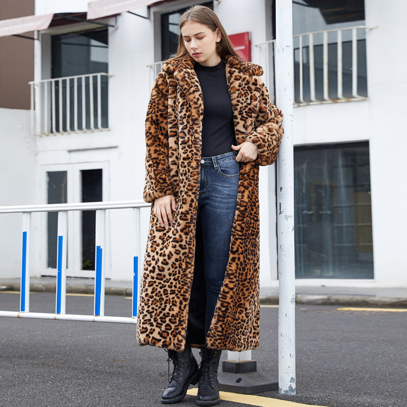 Pelzmantel aus Kunstpelz mit Leoparden muster, Kaninchen fell, super, langer Anzug, Kragen - Modefluss