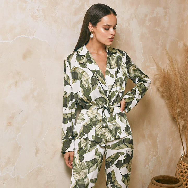Banana Leaf Print Women's Pajama Set Long Sleeve Simple Homewear - Modefluss