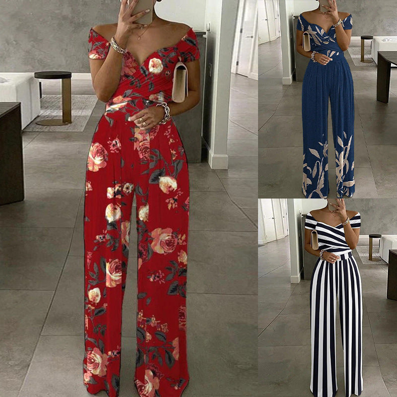 European And American Fashion Off-shoulder Printed Temperament Commute Casual High Waist Jumpsuit Women - Modefluss