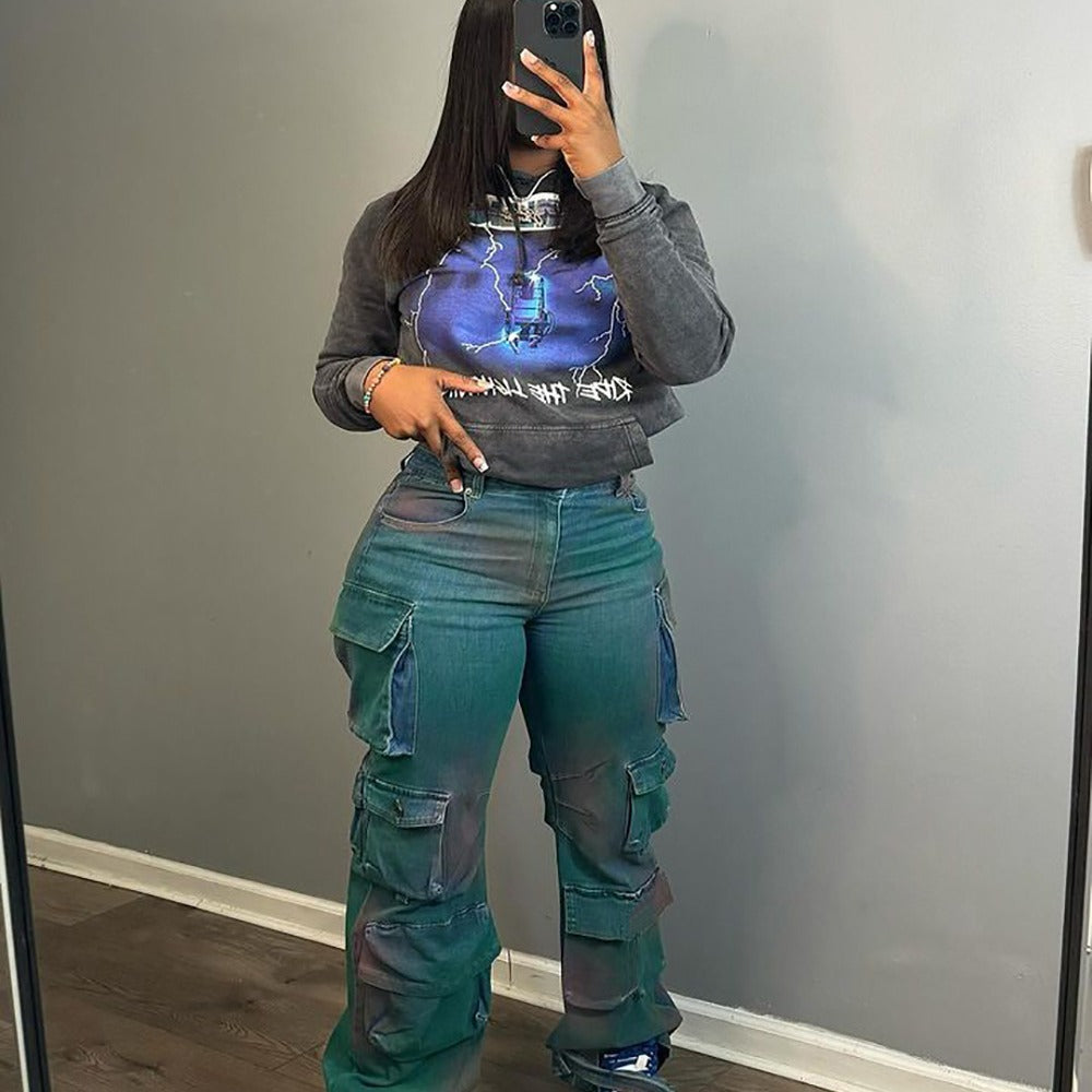 Fashion Personality Trend Multi-pocket Tie-dyed Jeans High Waist Straight Pants - Modefluss