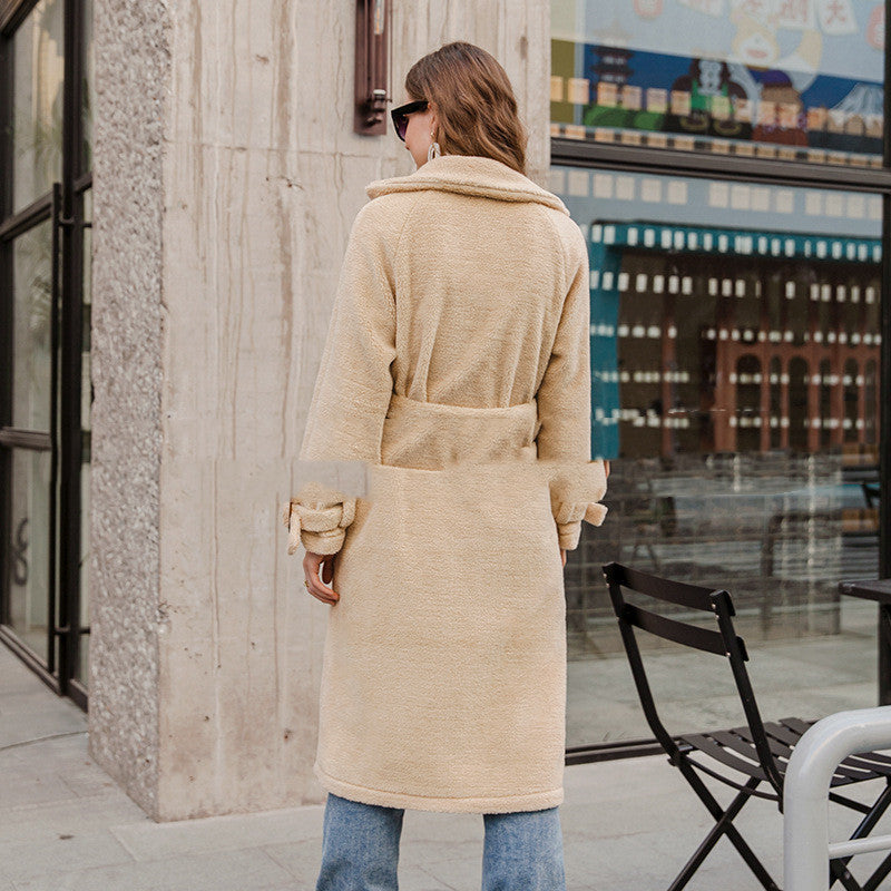 Pure Color Waist Is Thin And Long Leisure Plush Coat Apricot Noble Temperament Coat - Modefluss