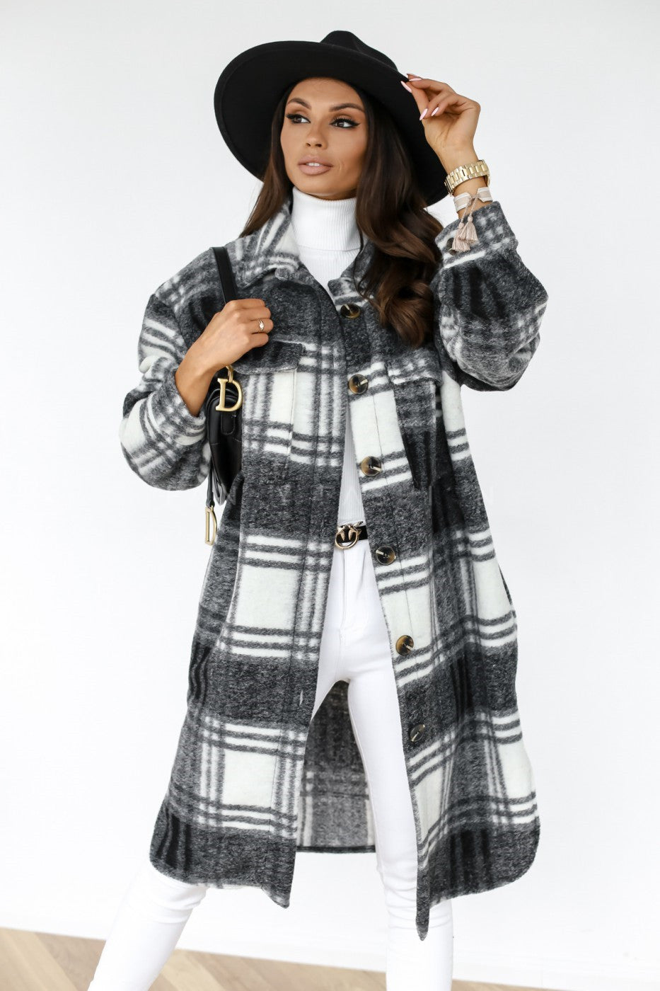 Taste revers casual warme plaid lange woolen mantel - Modefluss