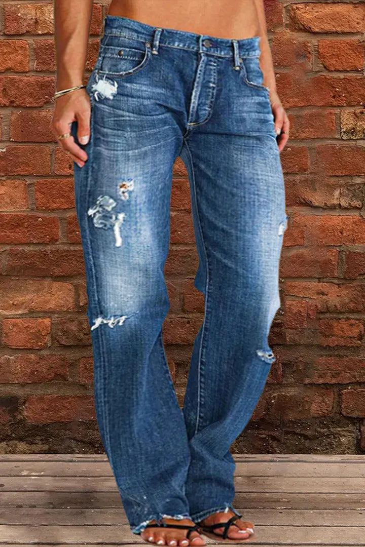 Lose Weite Bein Denim Retro gewaschene zerrissene Hose - Modefluss