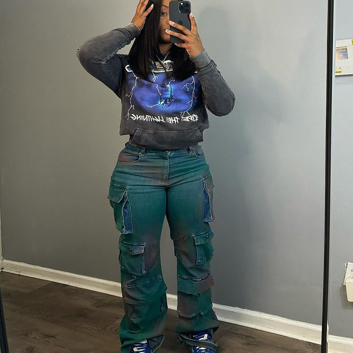 Fashion Personality Trend Multi-pocket Tie-dyed Jeans High Waist Straight Pants - Modefluss