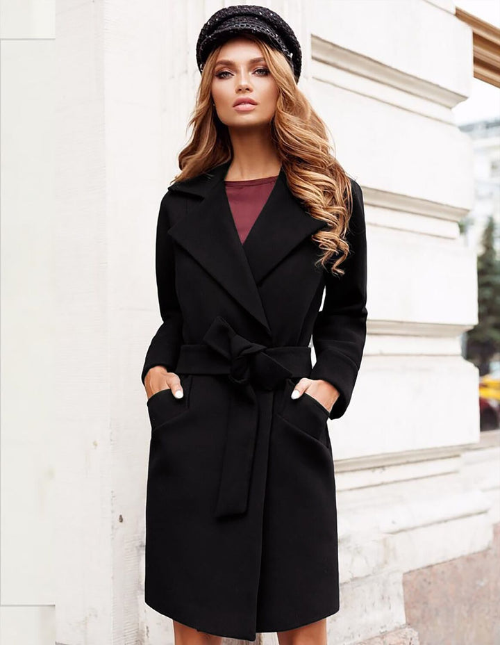 Mode schlanke Gürtel Revers Woll jacke - Modefluss