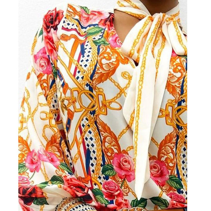 Long Sleeve Printed Top Lace Up Top - Modefluss