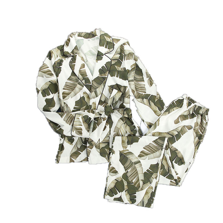 Banana Leaf Print Women's Pajama Set Long Sleeve Simple Homewear - Modefluss
