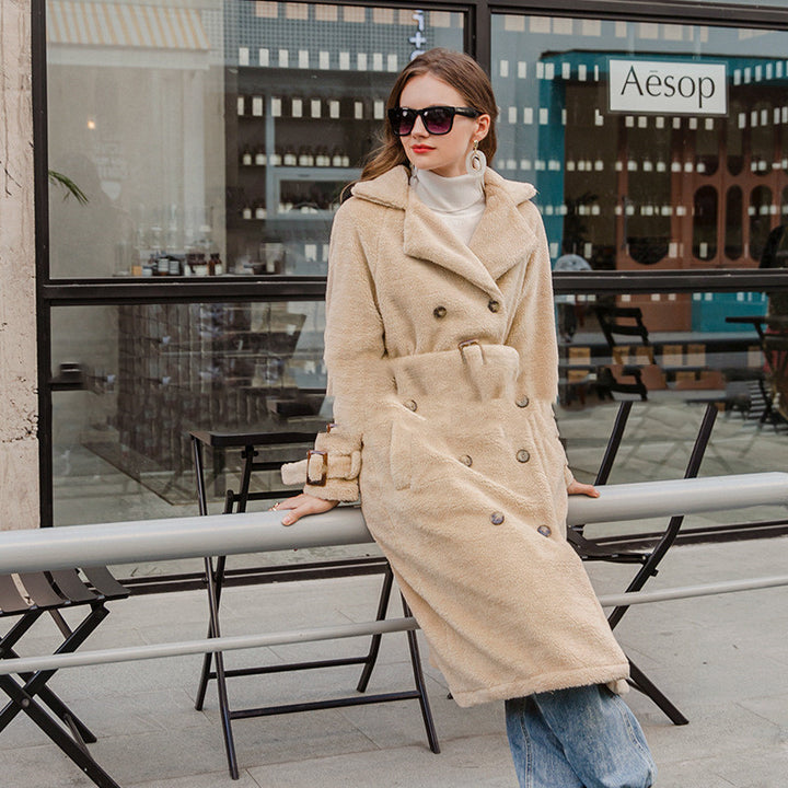 Pure Color Waist Is Thin And Long Leisure Plush Coat Apricot Noble Temperament Coat - Modefluss