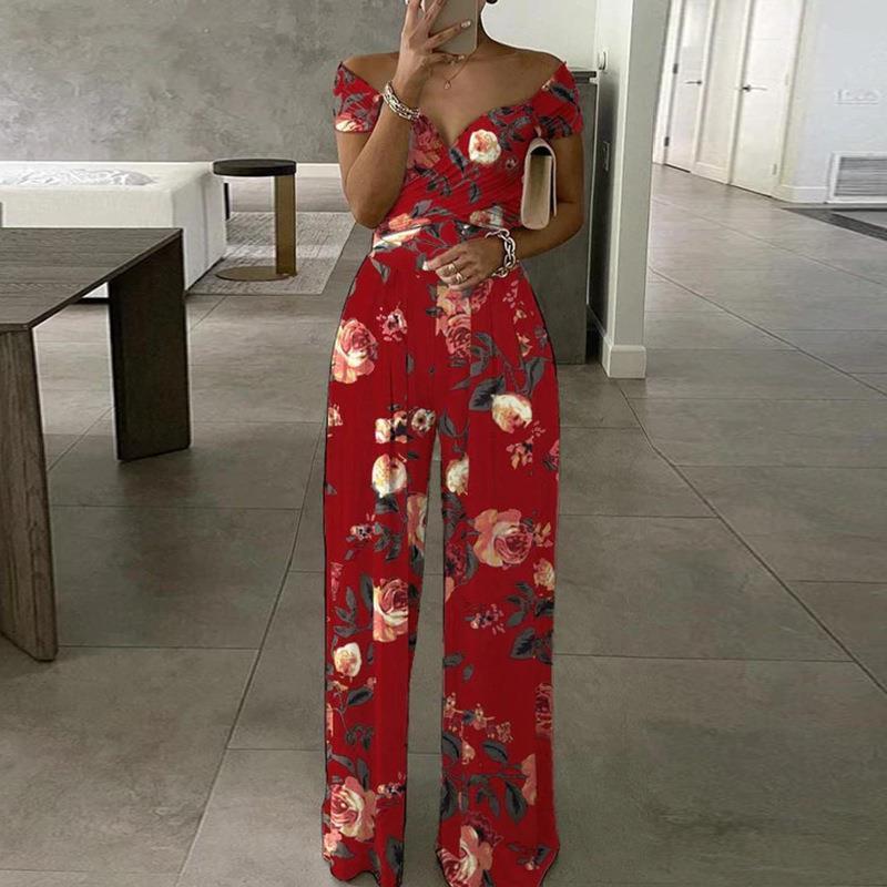 European And American Fashion Off-shoulder Printed Temperament Commute Casual High Waist Jumpsuit Women - Modefluss