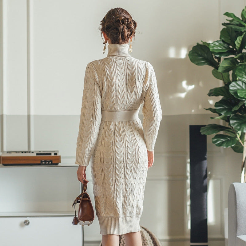 High Collar Twist Lace-up Waist Mid-length Sweater Dress - Modefluss