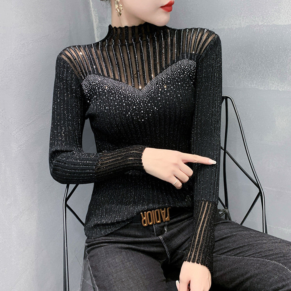Women's Long Sleeve Hot Diamond Mesh Splicing Knitwear - Modefluss