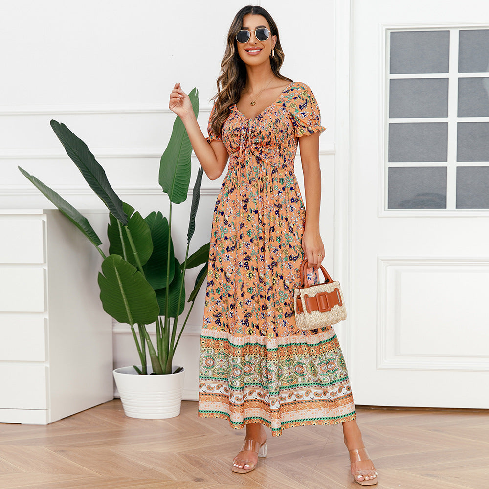 Drawstring Lace V-neck Printed Dress - Modefluss