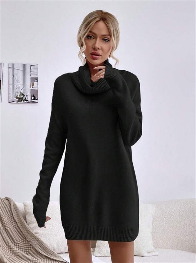 Solid Color Loose High Collar Knitted Dress - Modefluss