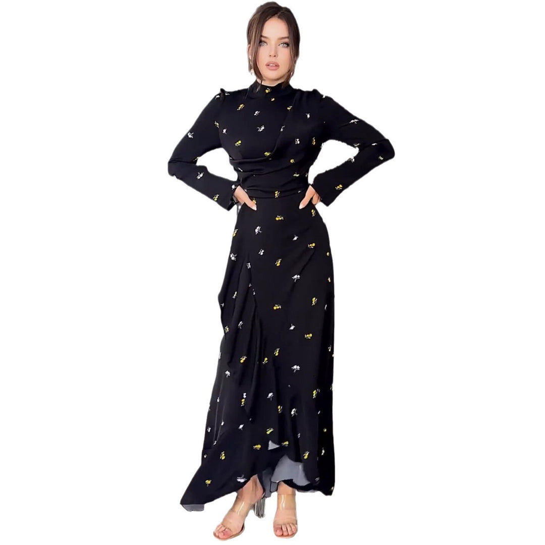 Long Sleeve Slim Fit Ruffled Large Swing Dress - Modefluss